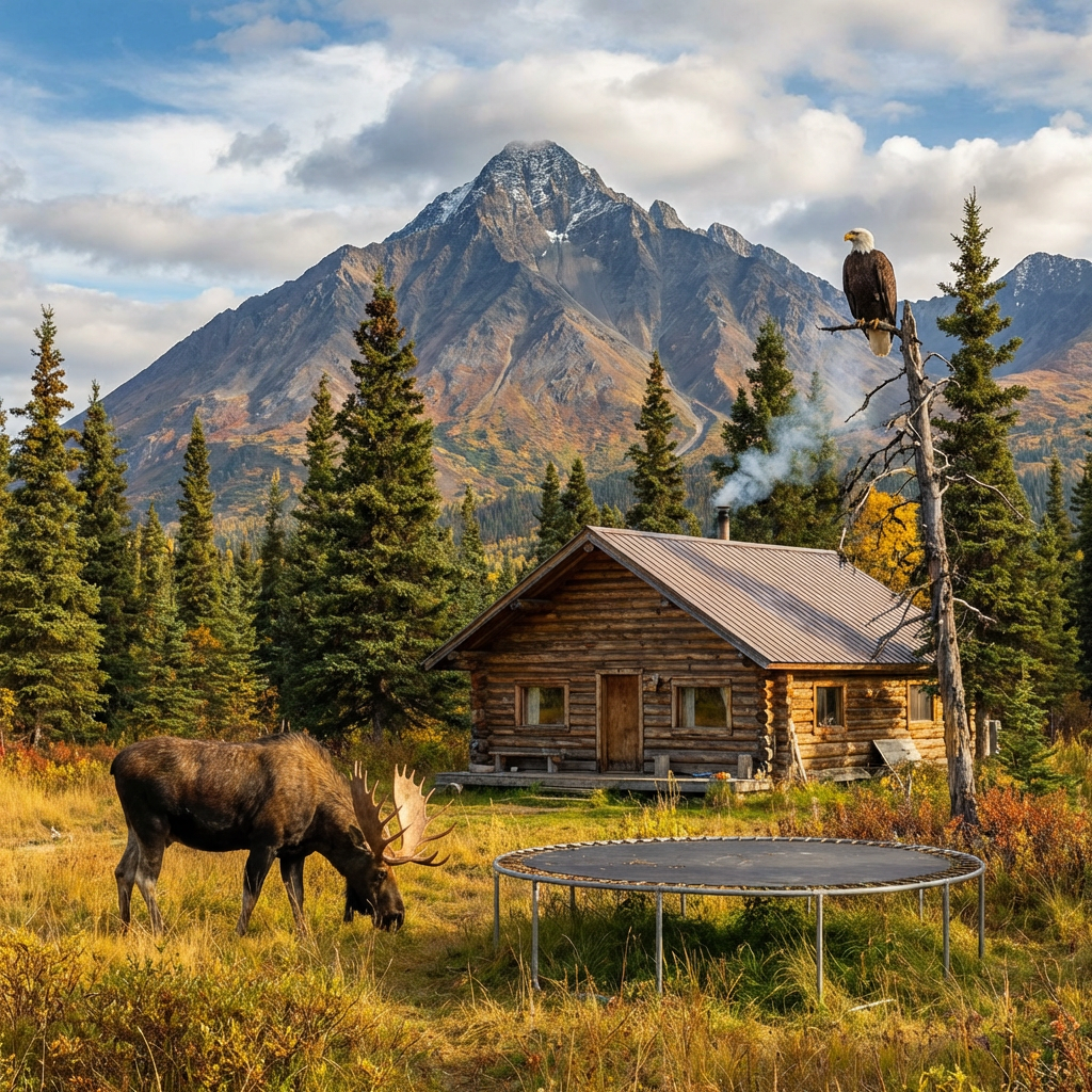 Log cabin in a mountain wilderness with a grazing moose, trampoline, and perched bald eagle.