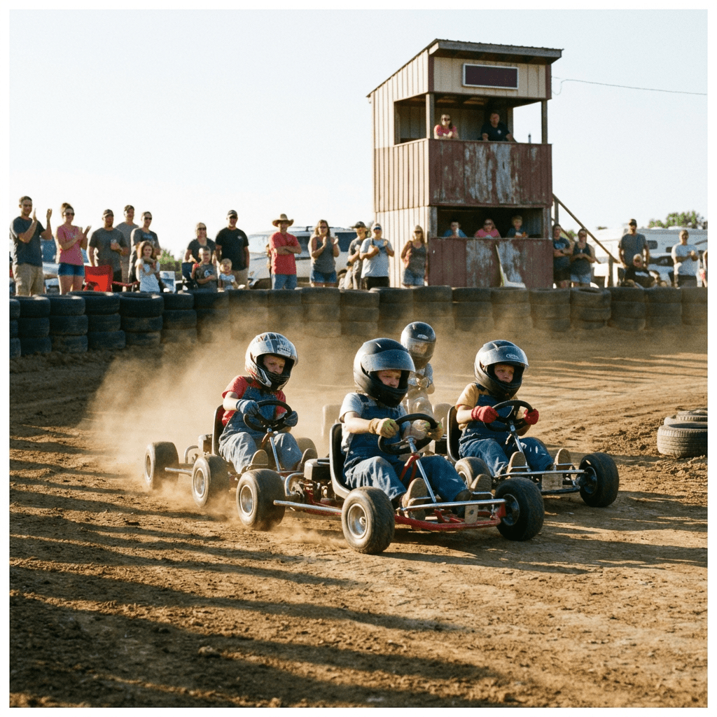 Three children in helmets race go-karts on a dusty dirt track.
