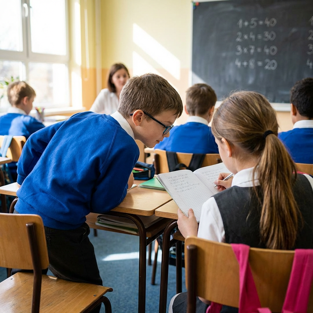 A schoolboy leaning over to look at a classmate's notebook in a sunlit classroom.