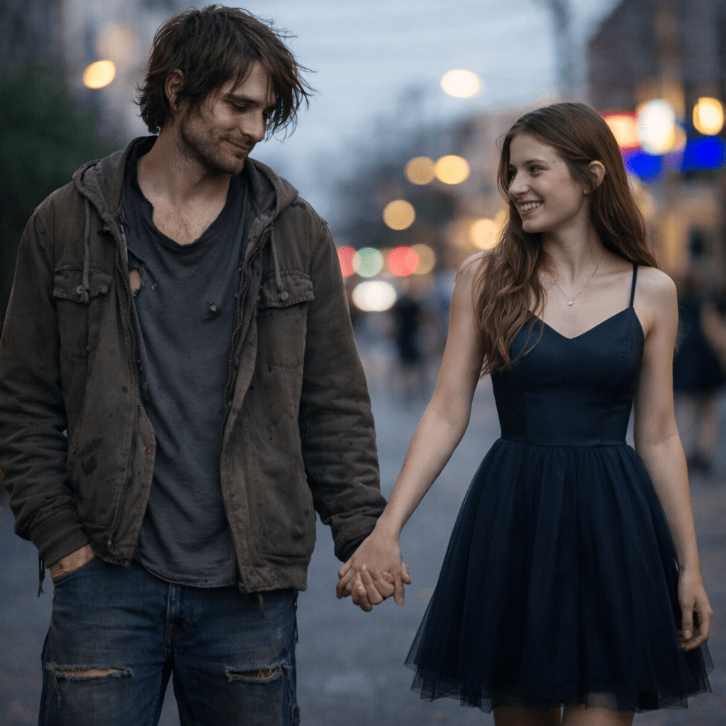 A man in worn clothes and a woman in a black dress holding hands and smiling.