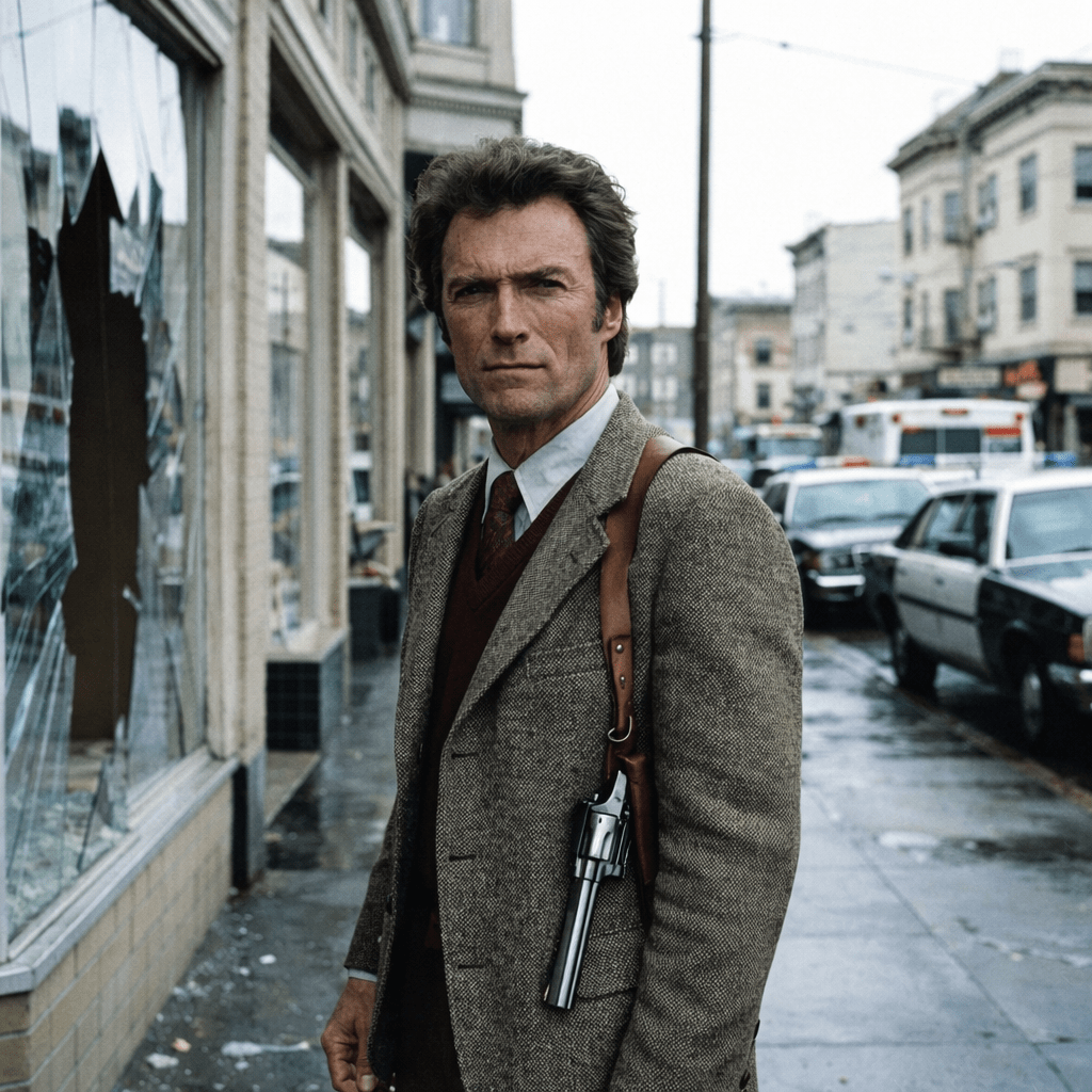 Man in tweed jacket with a gun in shoulder holster and cigarette on a city street with police cars