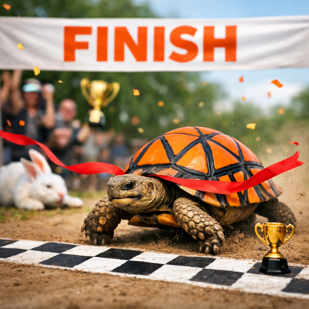 Turtle crossing finish line with red ribbon and small trophy