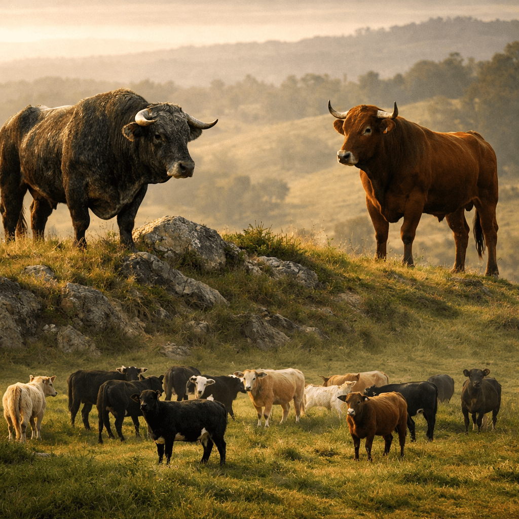 Two large bulls on a rocky hill with a herd of cattle grazing below on grass