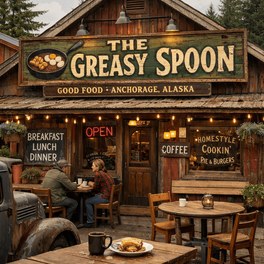 Exterior of The Greasy Spoon diner with outdoor seating and people drinking coffee