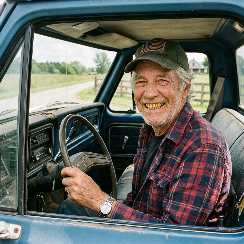 Elderly man smiling inside vintage blue truck wearing plaid shirt and cap