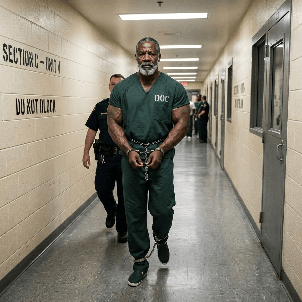 Inmate in green prison uniform walking with handcuffs and leg shackles escorted by officer in prison corridor