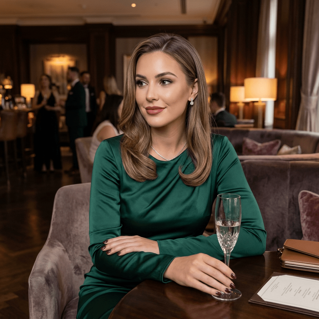 Woman in green dress sitting at a table holding a glass of champagne in an elegant lounge