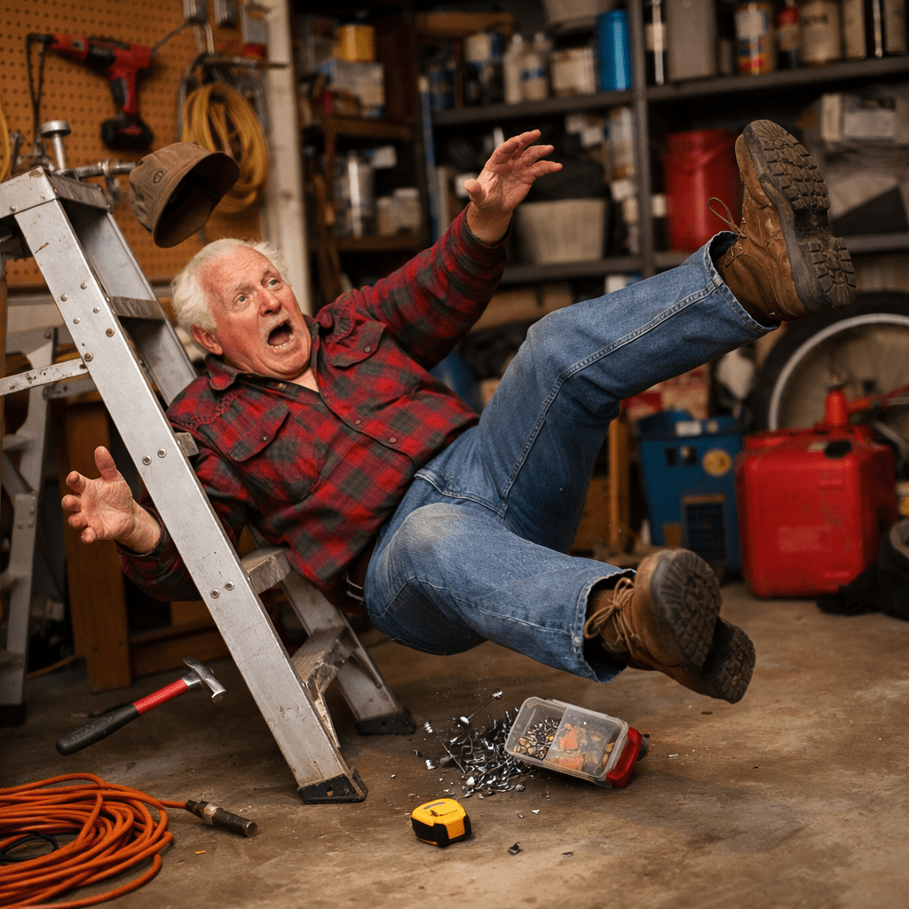 Elderly man falling backward off a ladder in a workshop with tools scattered