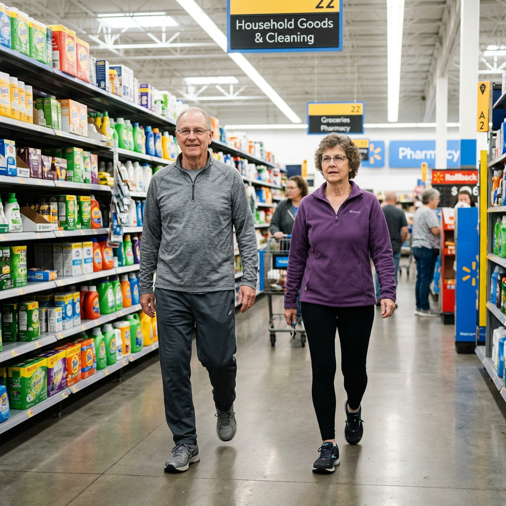 Senior couple walking down a grocery store aisle for household goods and cleaning