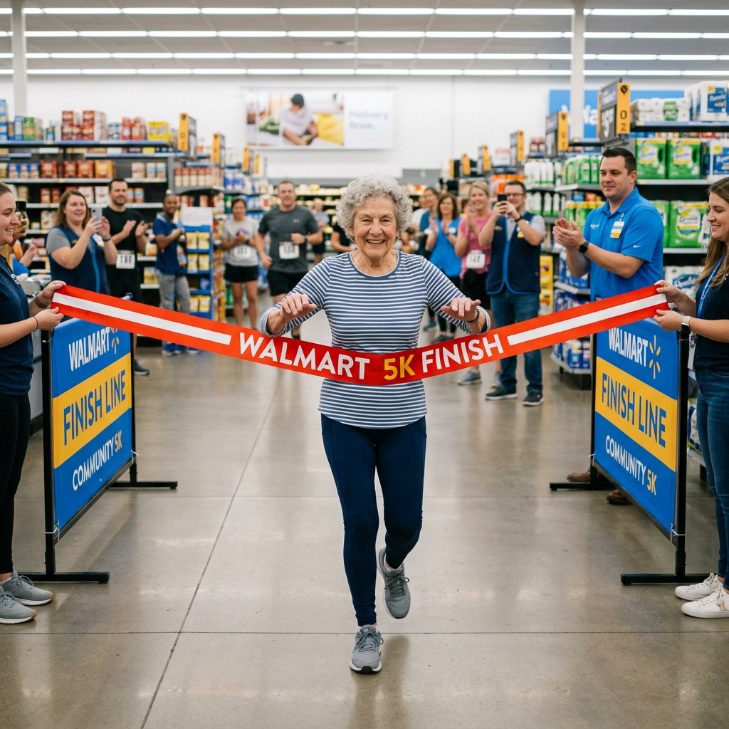 Elderly woman crossing Walmart 5K finish line indoors with cheering crowd
