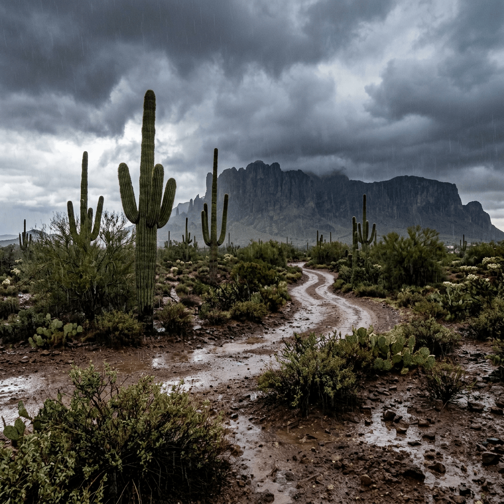 Rainy desert scene with large saguaro cacti, wet dirt path, and dark storm clouds over distant mountains