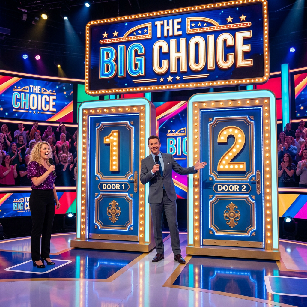 Two hosts standing beside illuminated doors labeled 1 and 2 on The Big Choice game show stage
