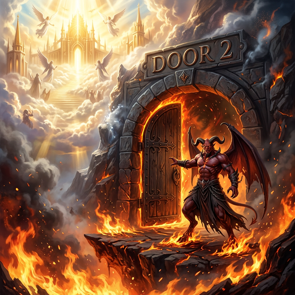 Demon with wings and horns at fiery stone door labeled 'DOOR 2', angels and golden castle in clouds behind.