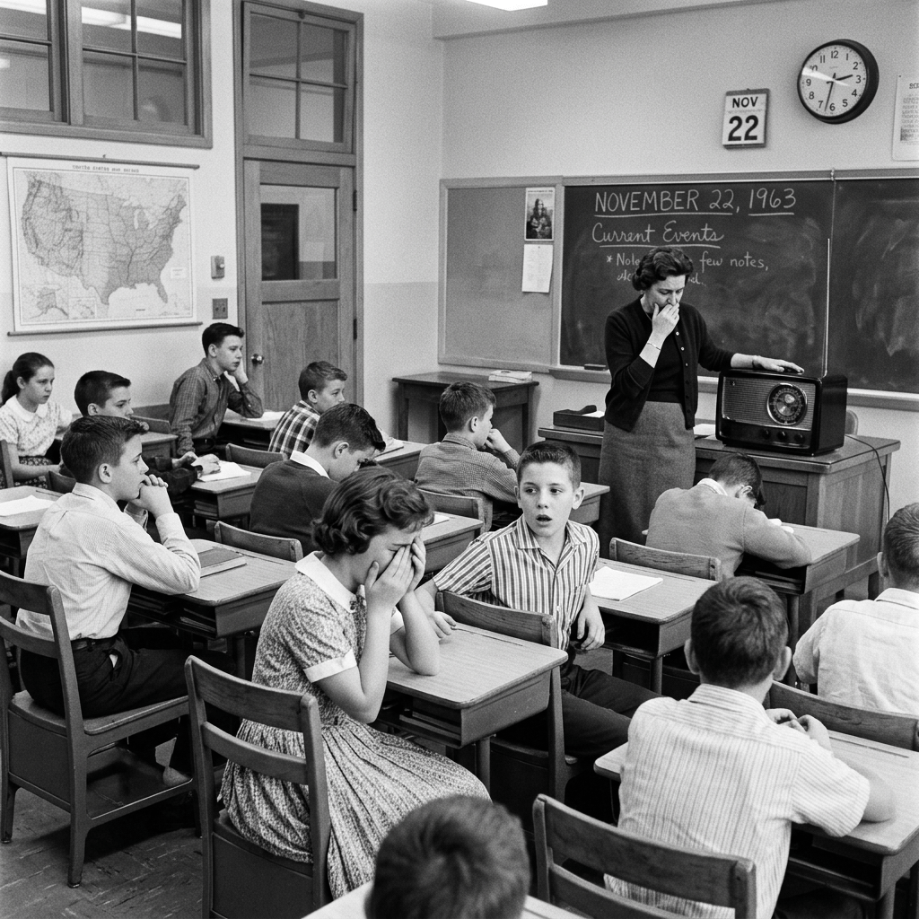Classroom of students and teacher listening to radio announcing Kennedy assassination