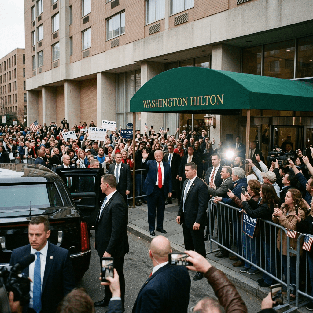 Donald Trump waving to crowd of supporters with security guards and photographers outside Washington Hilton