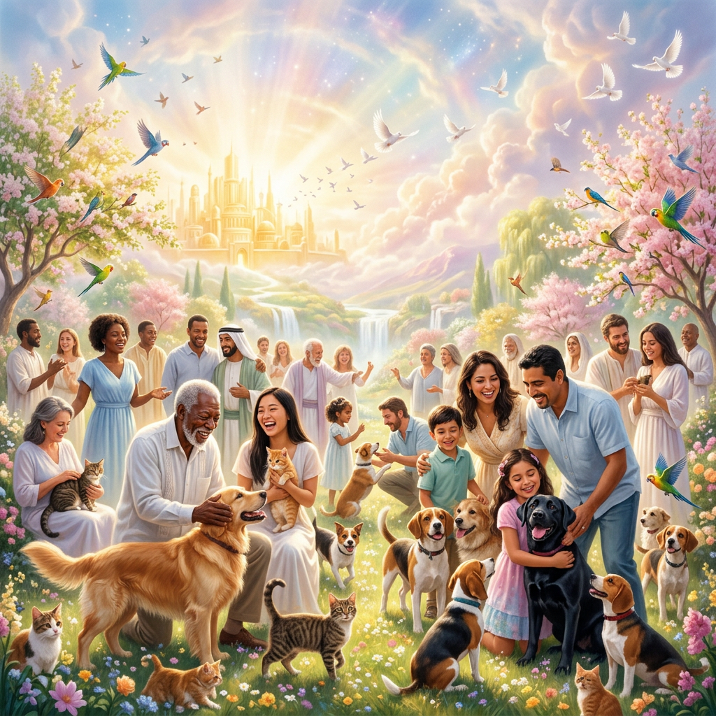 Diverse group of people smiling and interacting with cats and dogs in a bright, heavenly garden
