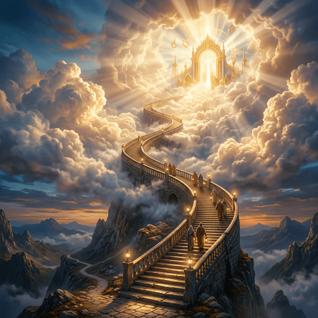 Winding stone staircase with lanterns leading up through clouds to a radiant golden temple in the sky