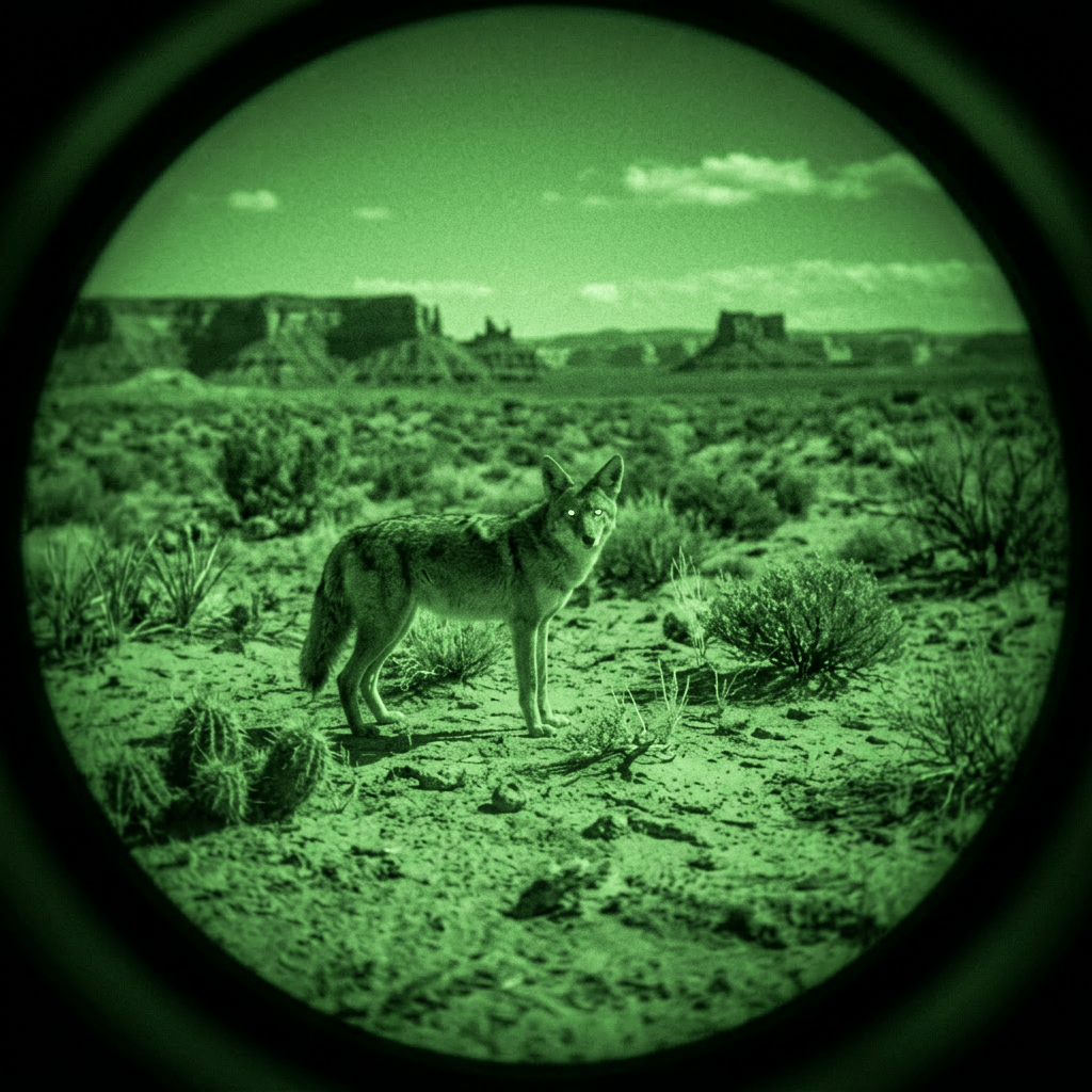 Coyote standing in desert vegetation viewed through a night vision scope