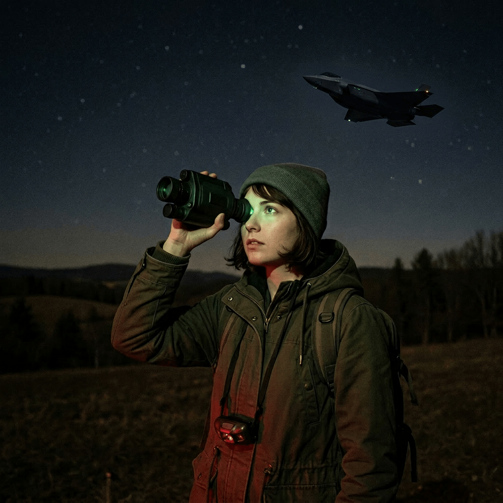 Woman looking through a night vision monocular under a starry night sky
