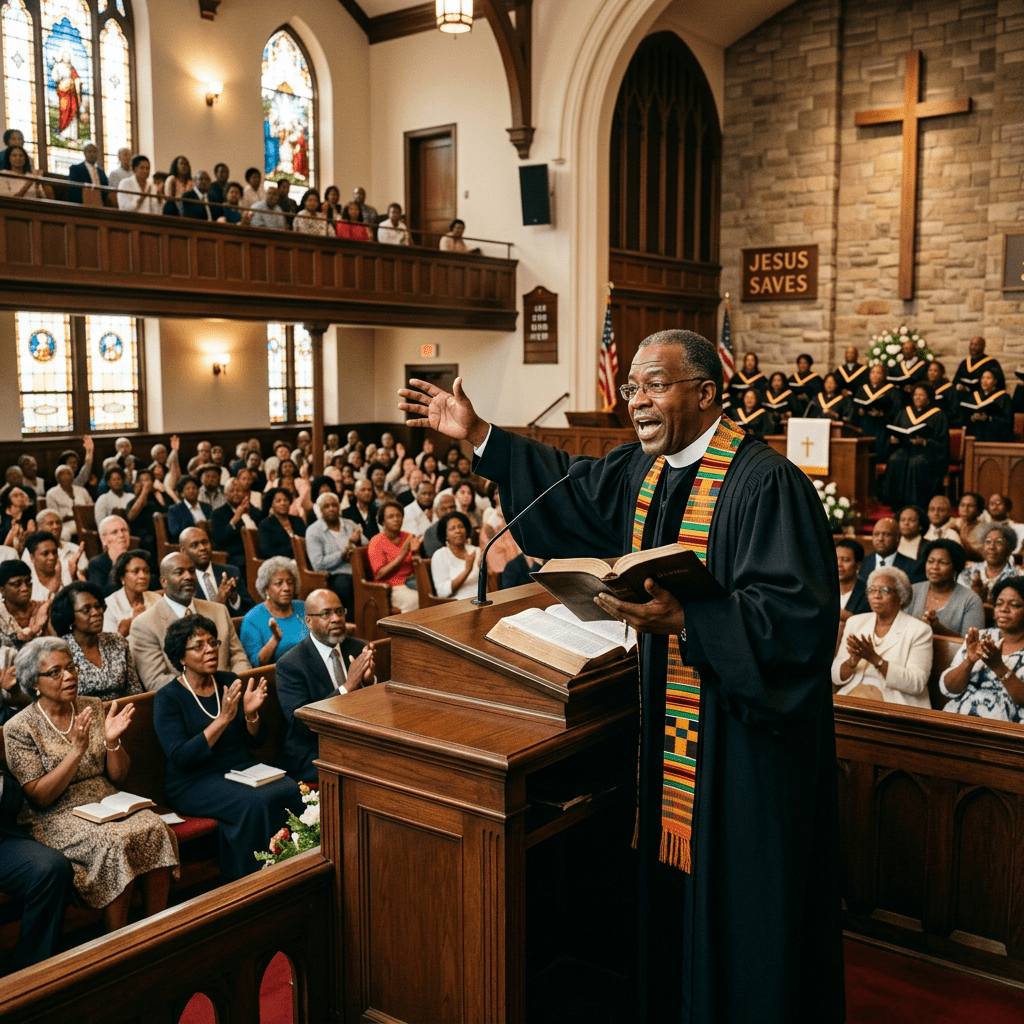 Pastor preaching from pulpit to attentive congregation in church