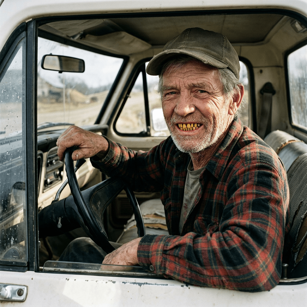 Older man with yellowed teeth wearing a cap and plaid shirt sitting in vintage truck holding steering wheel