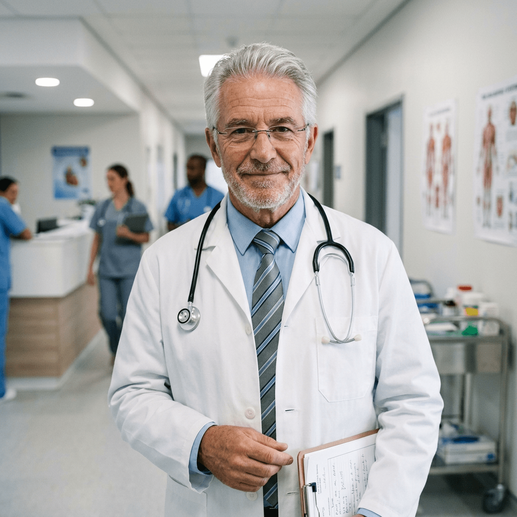 Senior male doctor with stethoscope holding a clipboard in hospital