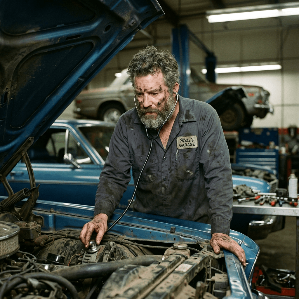Mechanic holding a stethoscope to a car engine while inspecting it