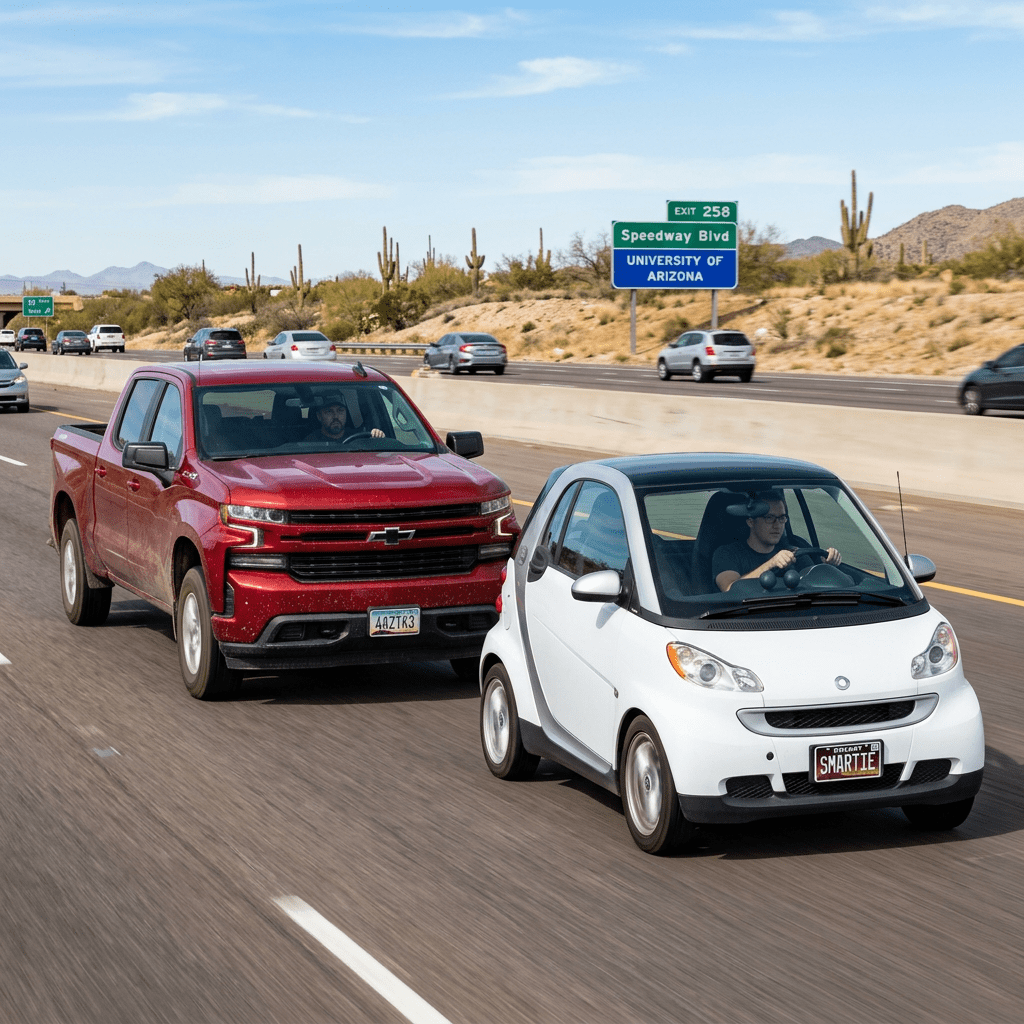 White compact car and red pickup truck driving on multi-lane highway near University of Arizona exit