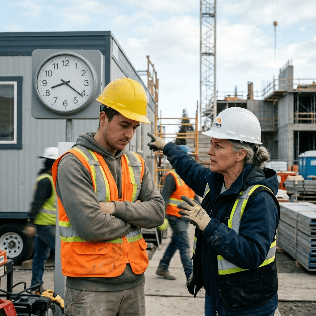 Female construction supervisor talks to male worker in safety gear at construction site