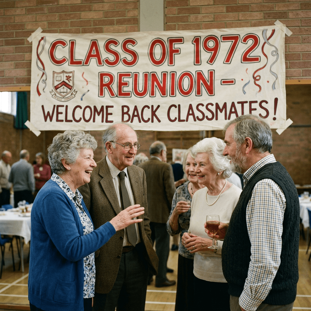 Group of elderly people talking beneath a Class of 1972 Reunion banner