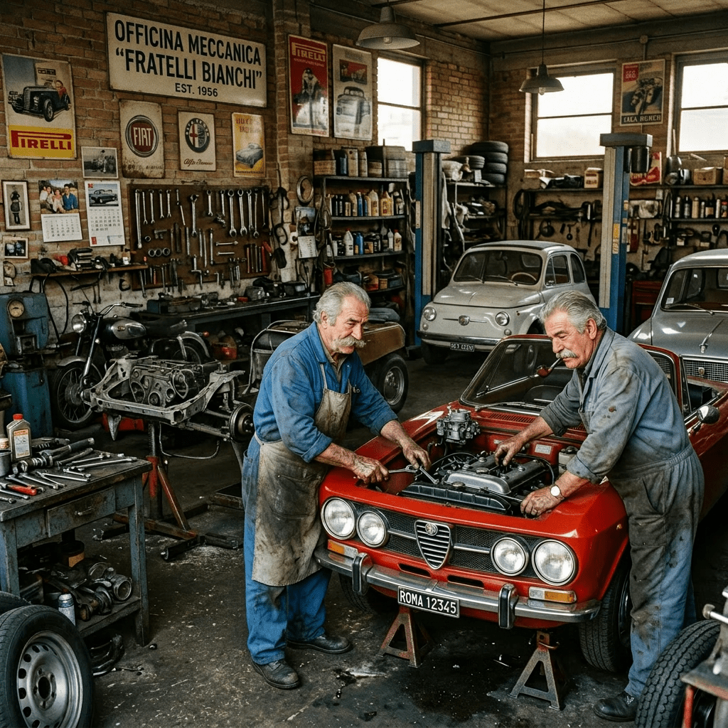 Four older mechanics repairing a classic red Alfa Romeo car engine in a vintage Italian garage