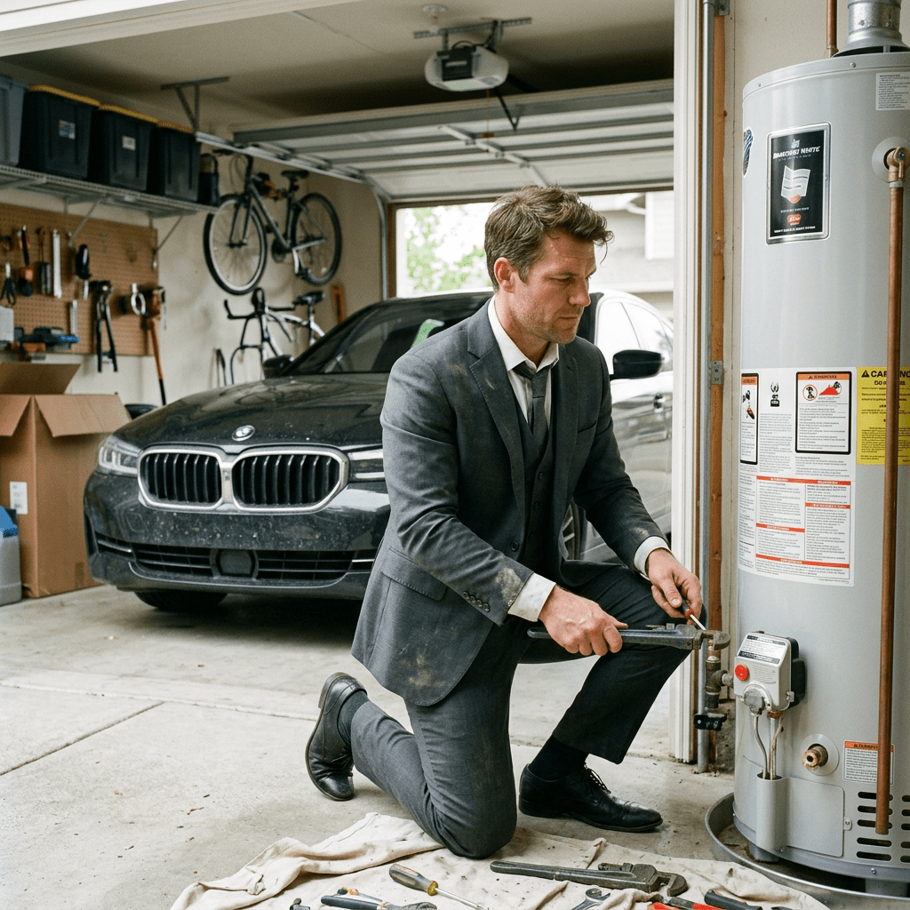 Man in suit using wrench to fix water heater in garage