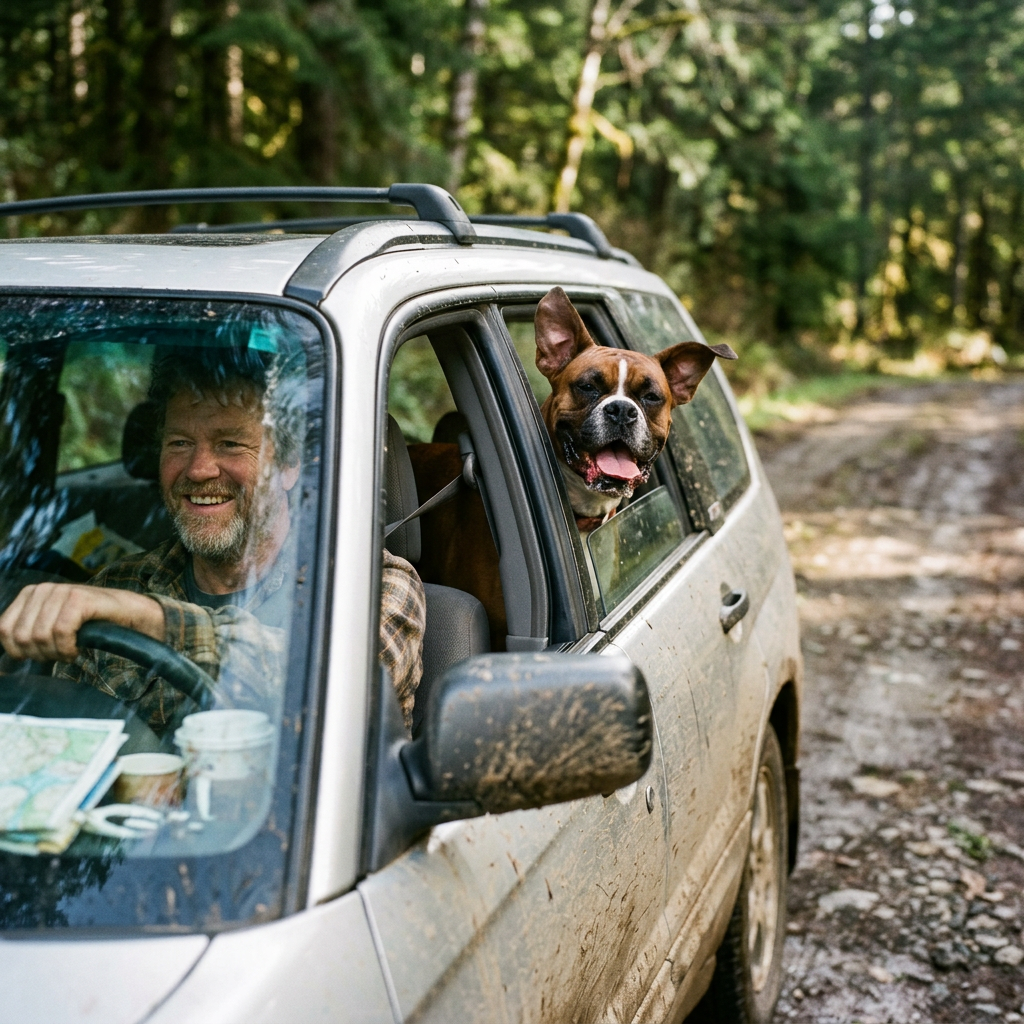 Man driving a muddy SUV with a dog sticking head out of rear window