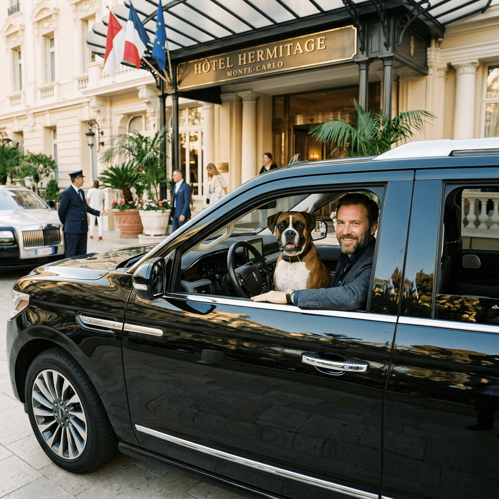 Man smiling with a boxer dog in the driver's seat of a black SUV parked outside Hôtel Hermitage Monte-Carlo