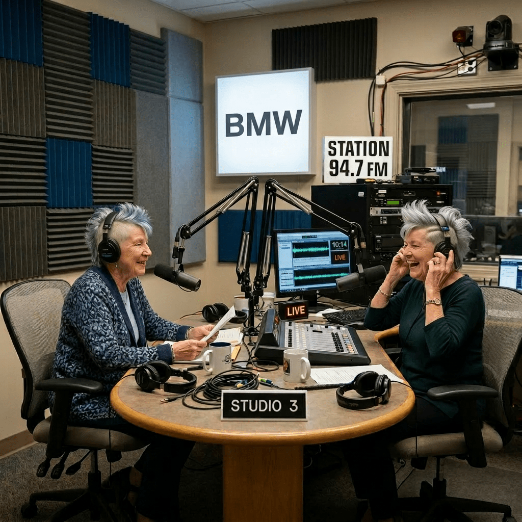 Two women wearing headphones speaking into microphones in a radio studio labeled Studio 3
