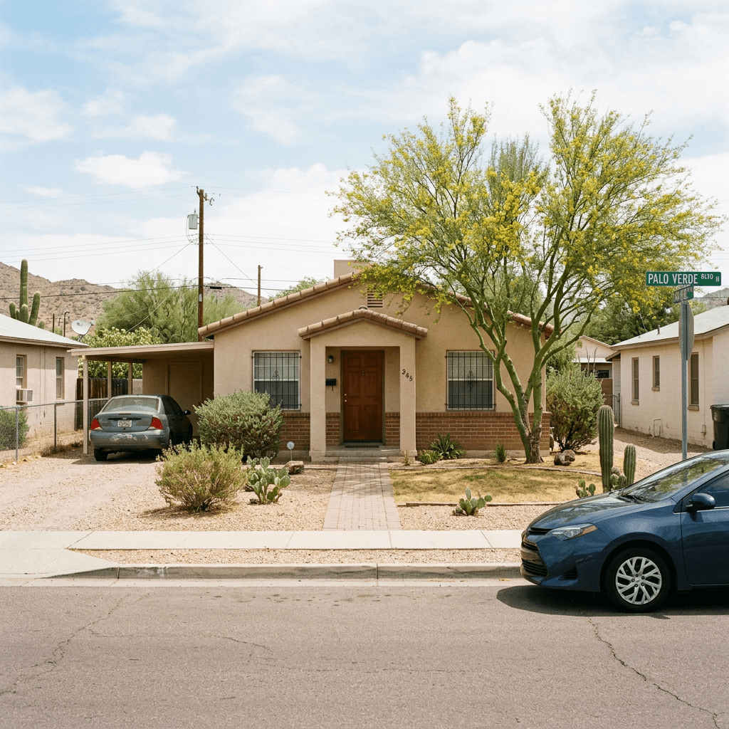 Small beige house with carport, yellow-flowered tree, and parked cars on street