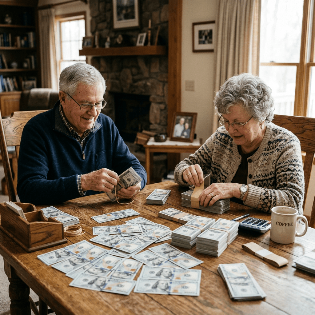Elderly man and woman counting and bundling stacks of US hundred-dollar bills at a wooden table
