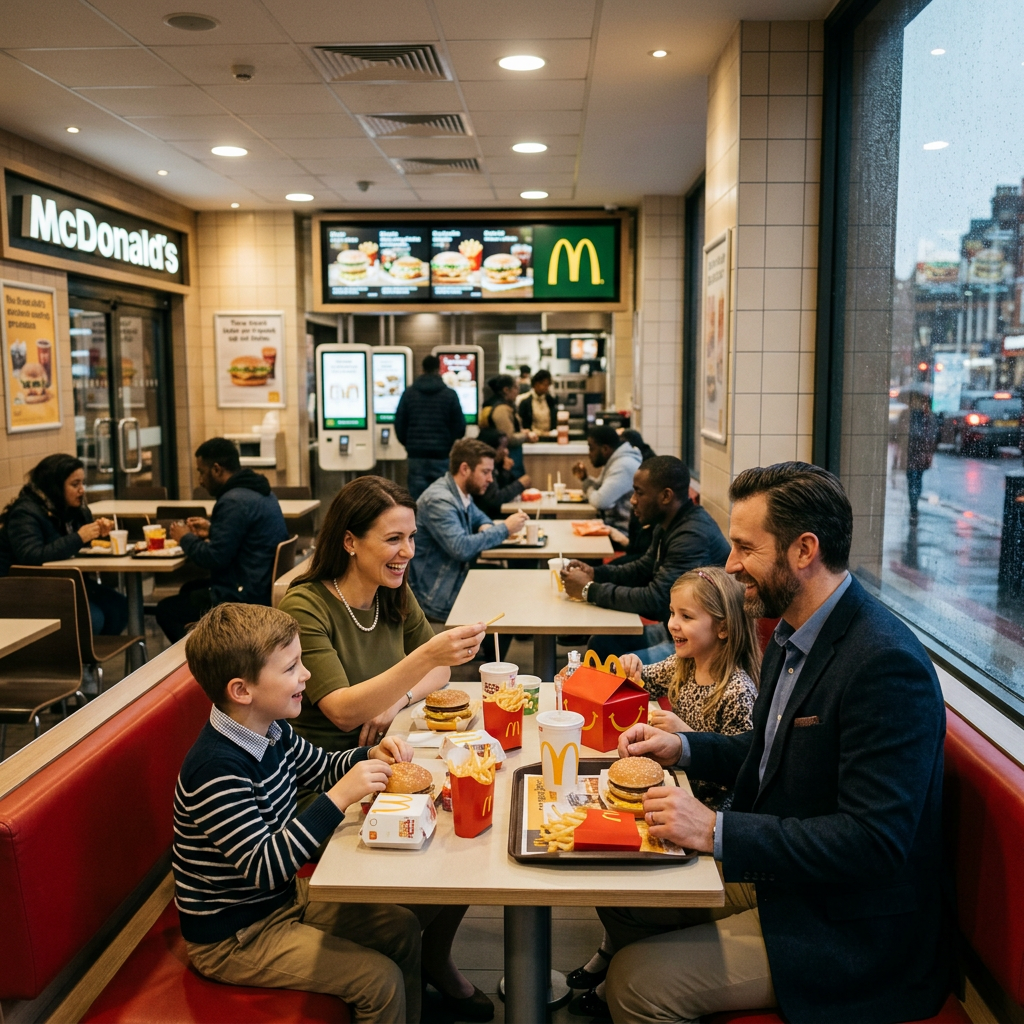 Family of four sitting at a table eating McDonald's food indoors