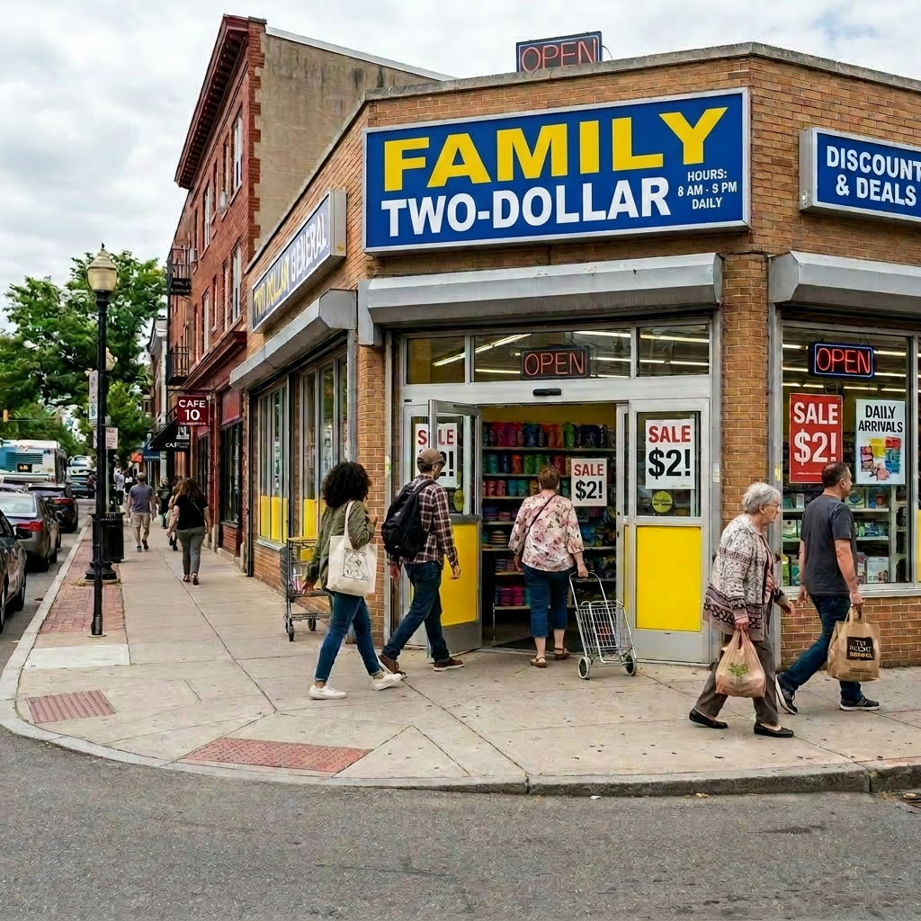 Customers entering and leaving Ten Dollar General store with sale signs