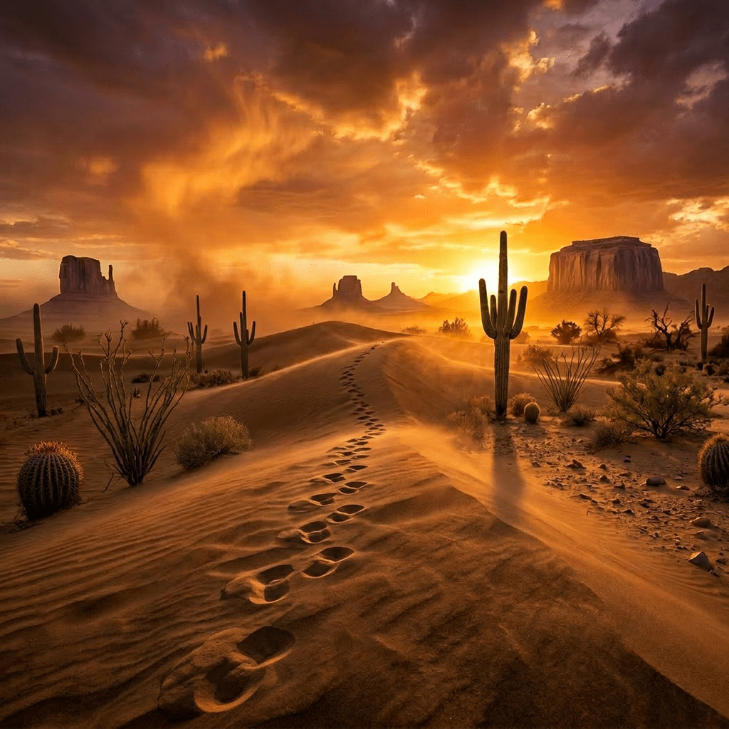 Sand dunes and blowing sand in a desert at sunset with a glowing sky and distant mountains