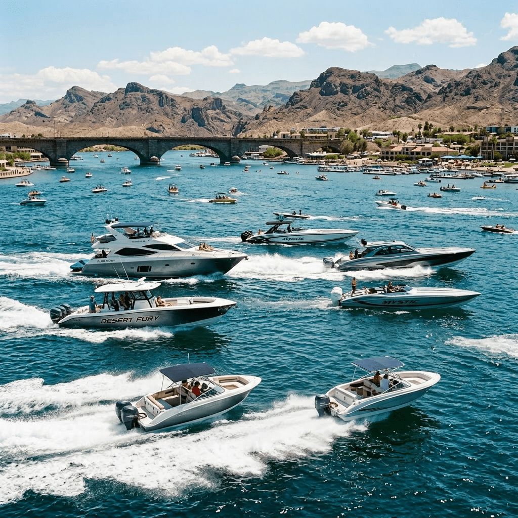 Multiple motorboats with passengers cruising on a scenic river with arched stone bridge and rocky mountains