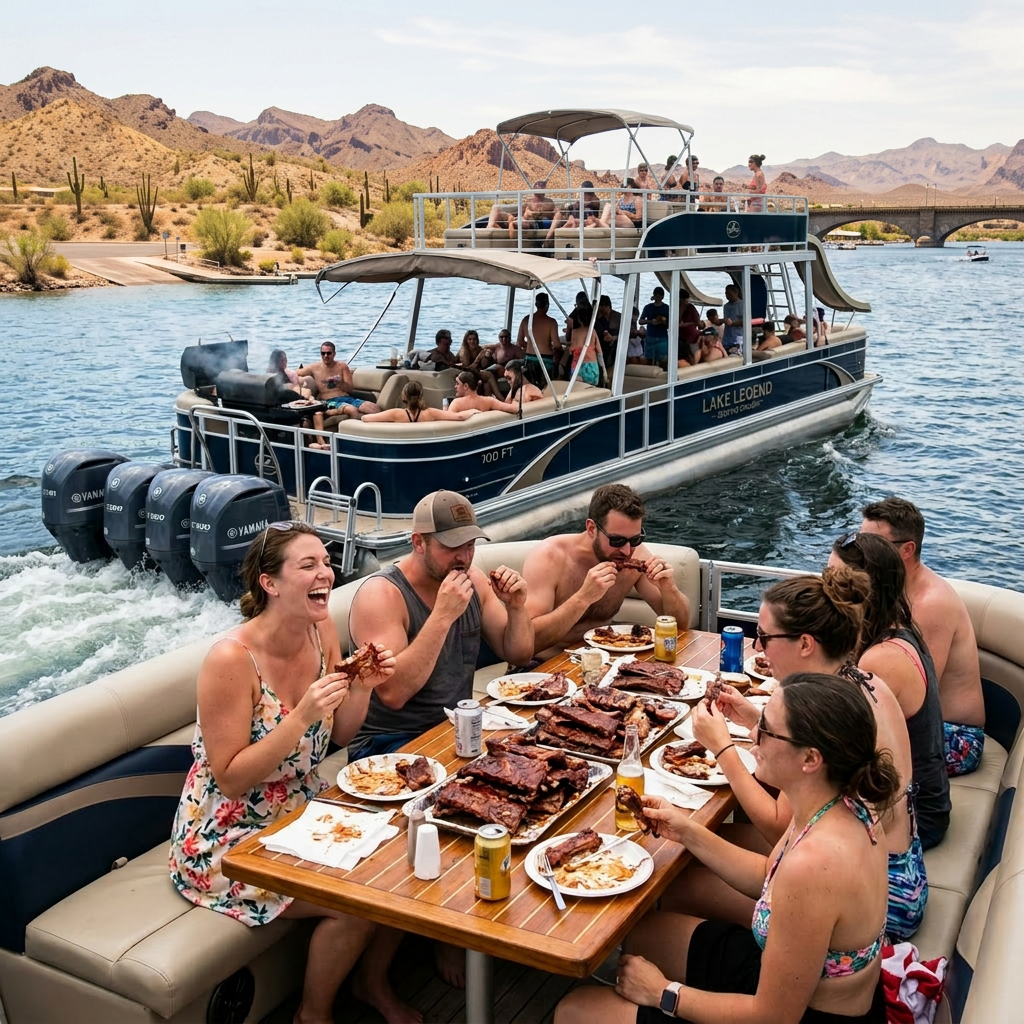 Group of people eating ribs and drinking on a pontoon boat on a lake