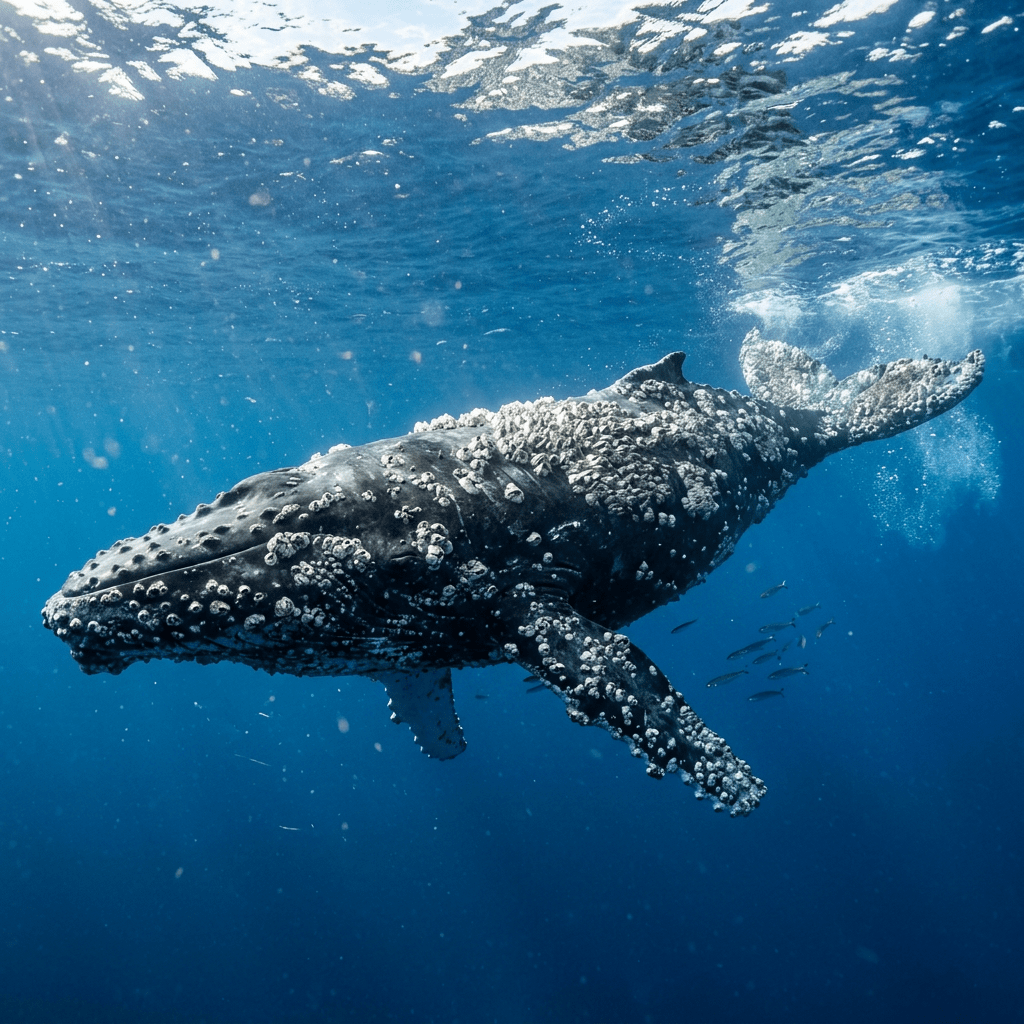 Humpback whale covered in barnacles swimming underwater with fish
