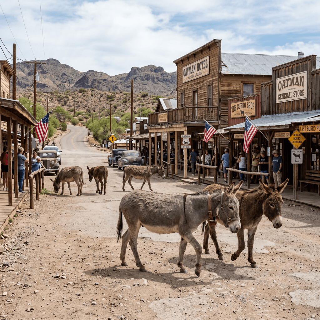 Donkeys walking freely on the dirt street of Oatman, Arizona, with wooden storefronts and visitors