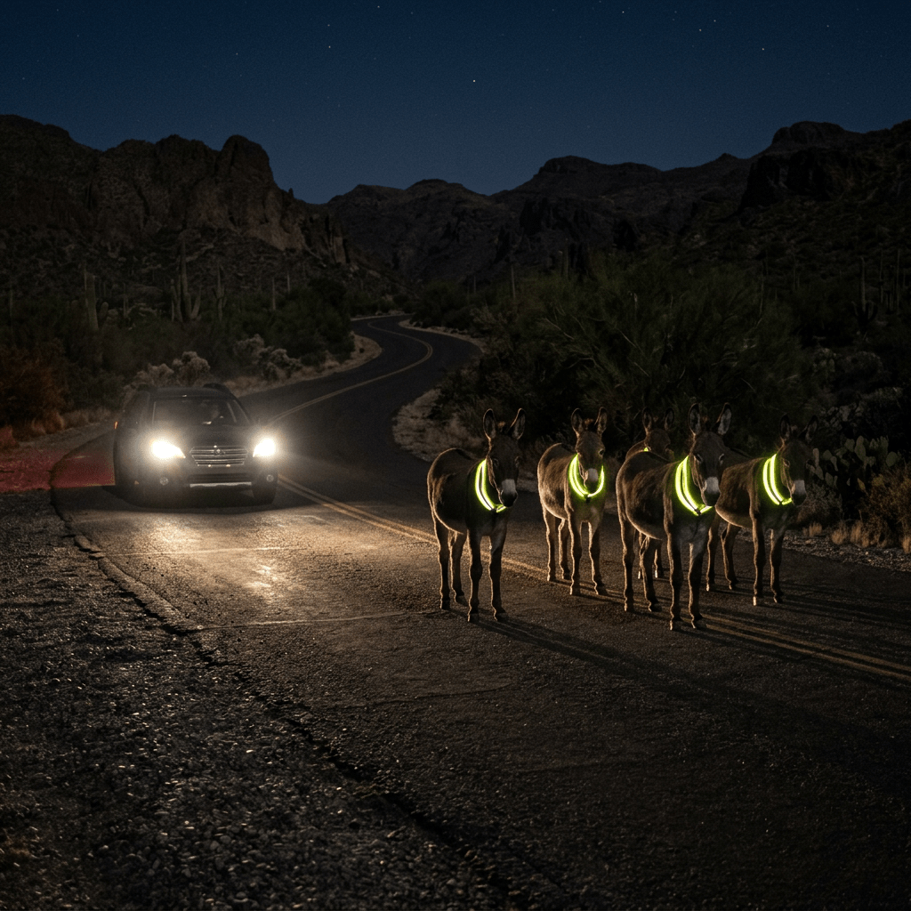 Five donkeys wearing reflective collars stand on a dark desert road at night facing a car with headlights on