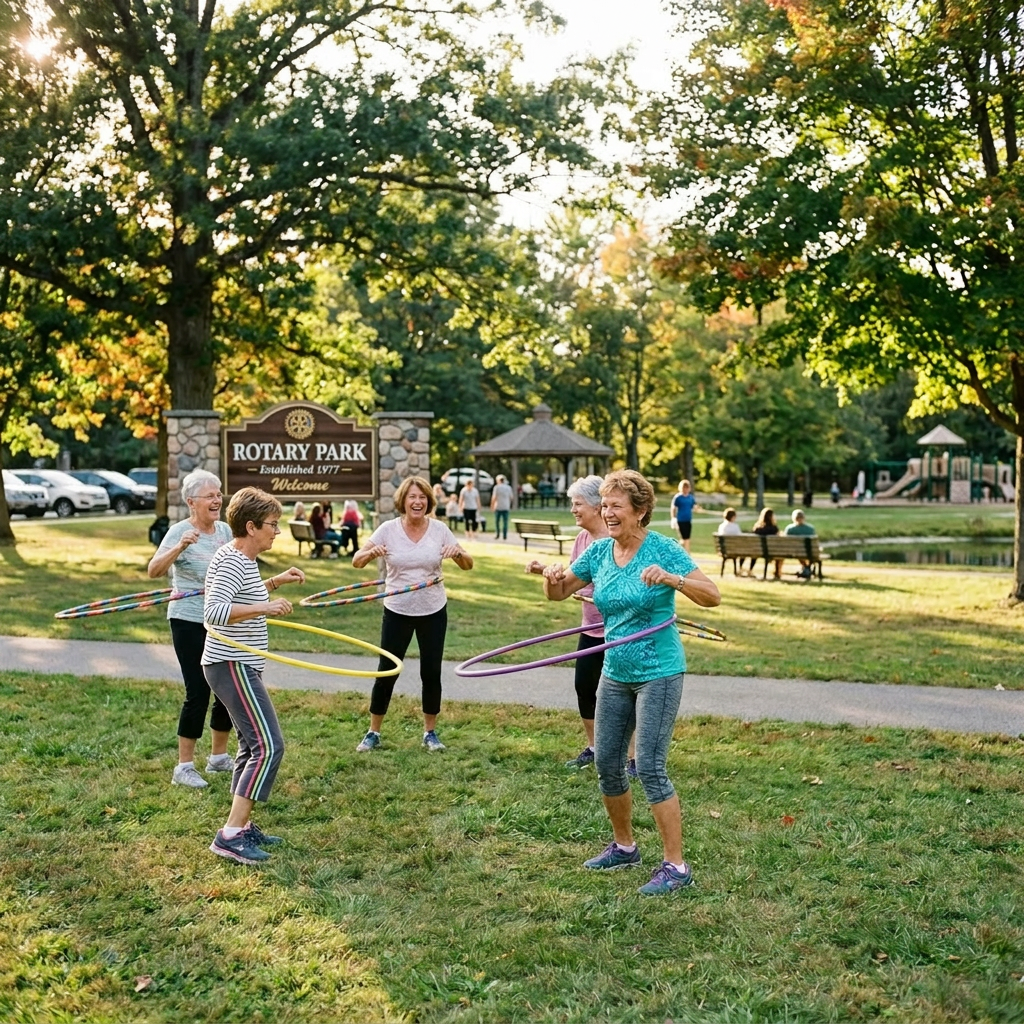Seniors enjoying outdoor fitness activity Older women exercising with hula hoops in Rotary Park on a sunny day