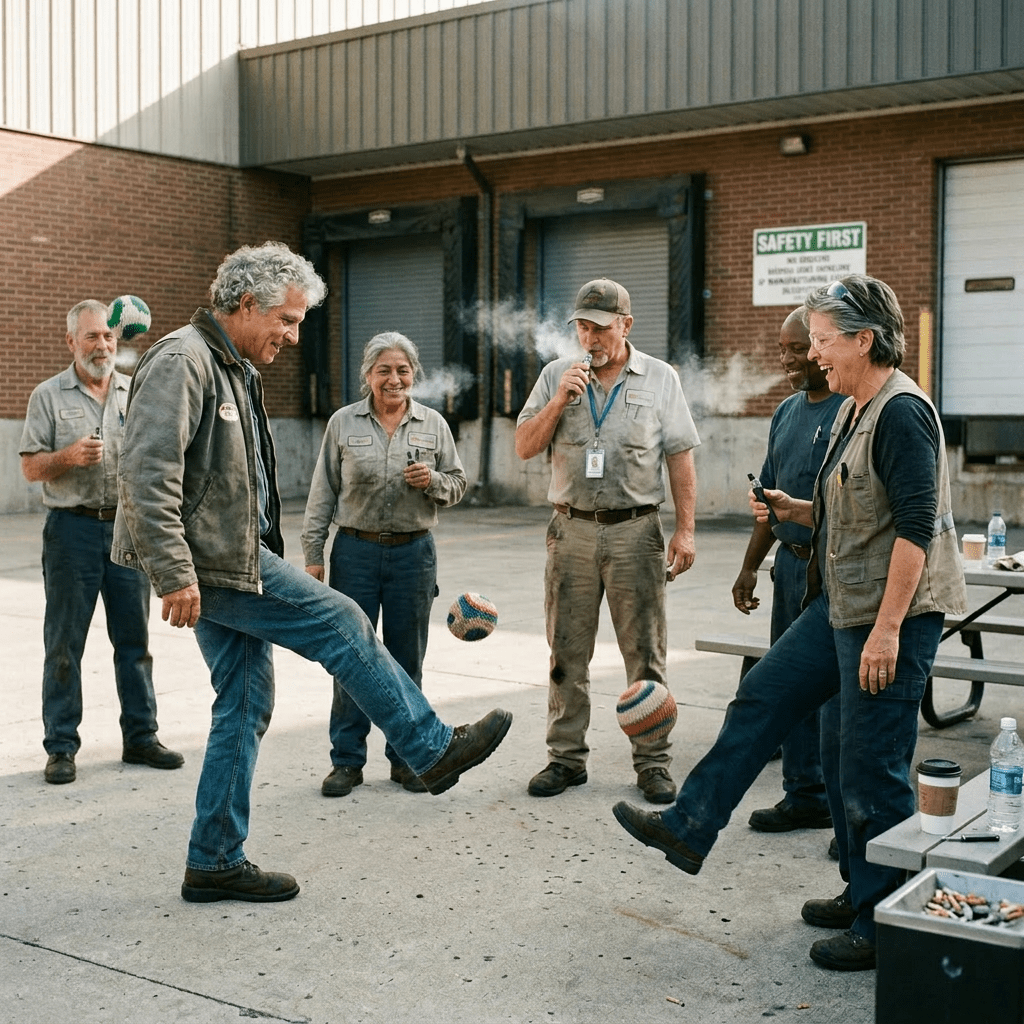 Four warehouse workers standing outside, one kicking a ball while others vape and smile