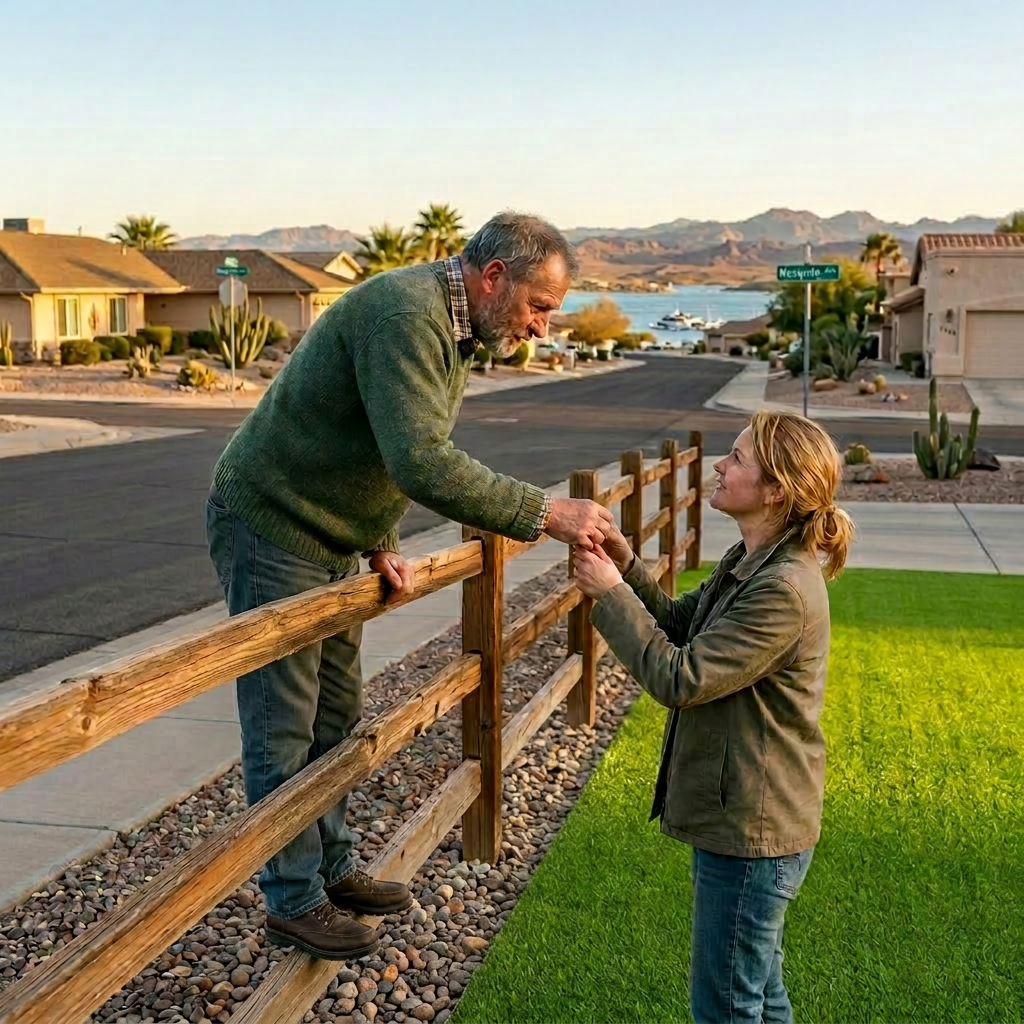 Countryside greeting across wooden fence Older man leaning on fence holding hands with younger woman in countryside