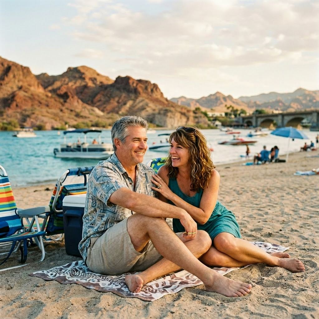 Couple sitting on a towel on a sandy beach near a lake with boats and mountains behind them.