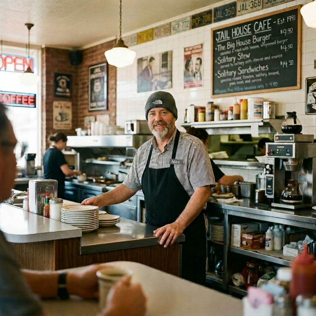 Waiter behind counter in diner serving plates, smiling at customers